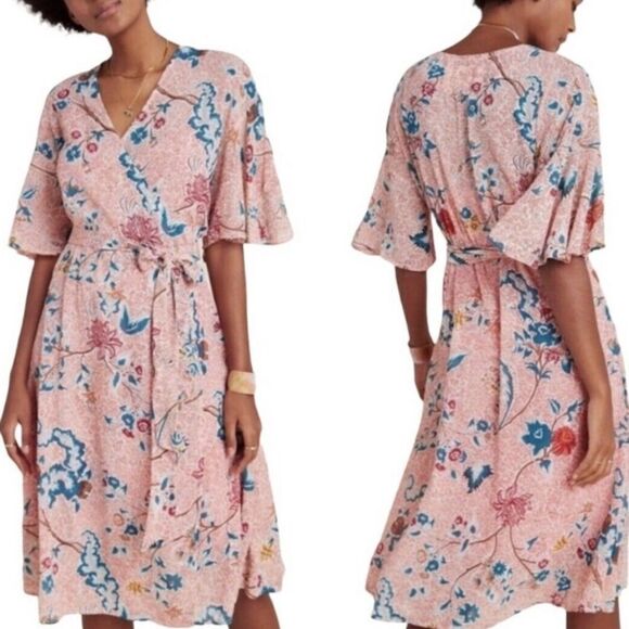 Anthropologie Maeve Adelaid Floral Wrap Dress XS Romantic Feminine Flutter Fairy - Picture 1 of 16